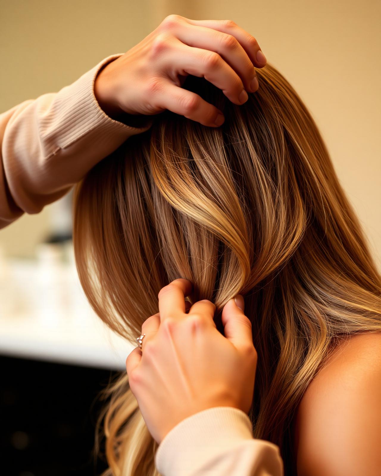 Jenny travaillant sur des cheveux blonds balayés